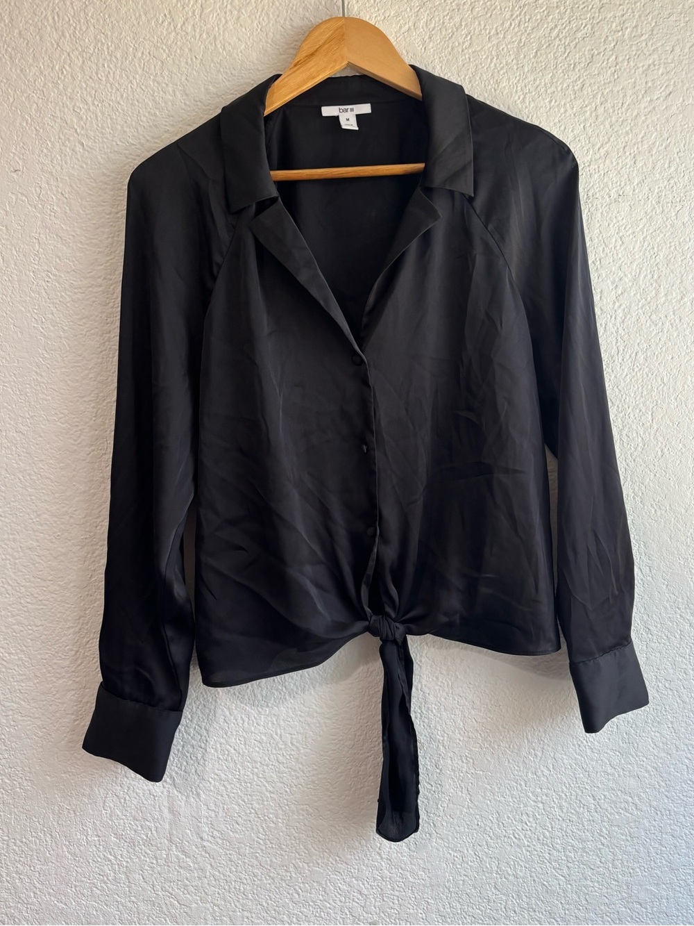 Bar III Black Button Front Satin Tie Hem Long Sleeve Shirt Medium